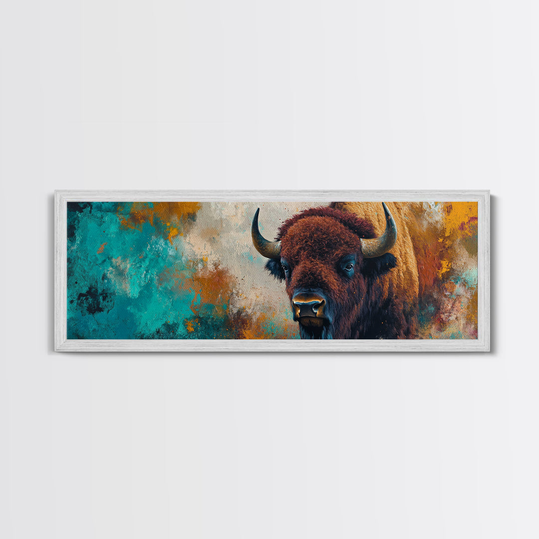 Bold bison painting, teal and orange art, rustic wall art, farmhouse decor, boho art, extra wide western painting, canvas print