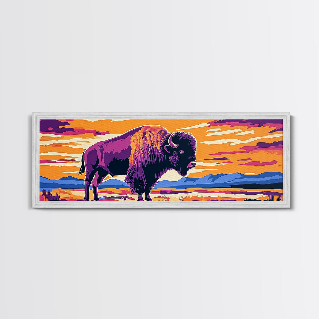 Bison, sunset, southwest wall art, buffalo, pink orange wall art, panoramic art, framed canvas print, extra wide art, rustic decor