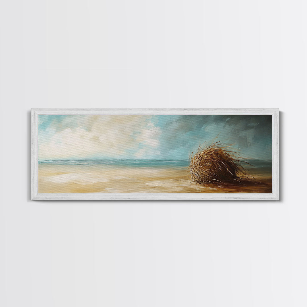 Beach Tumbleweed Art, Coastal Landscape, Seascape Painting, Nautical Wall Art, Wabi Sabi Art, Framed Canvas Print, Rustic Decor