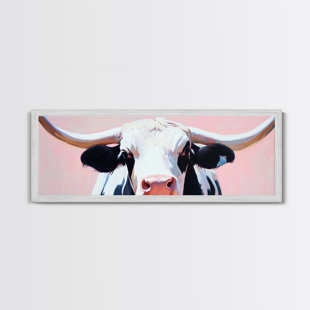 Black and White Cow Art, Light Pink Wall Art, Southwest Wall Art, Coastal Cowgirl Wall Art, Framed Canvas Print, Rustic Decor