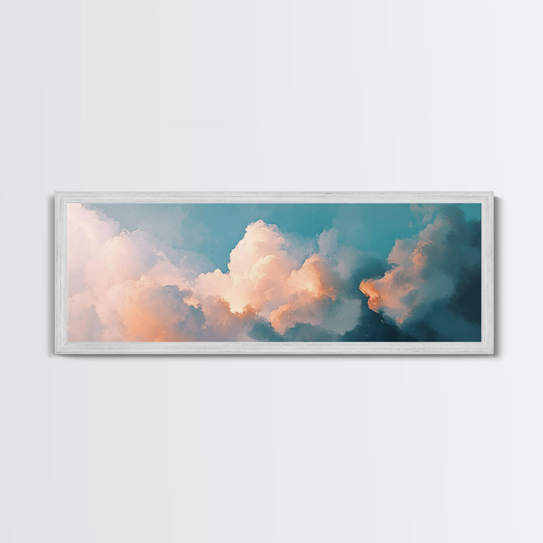 Cloud painting, sky wall art, soft pastel art, extra wide art, bedroom art, panoramic painting, framed canvas print, wabi sabi art