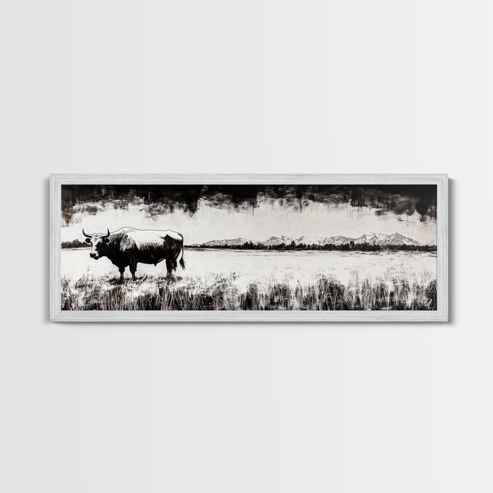 Bull and bear art, black and white painting, rustic wall art, farmhouse decor, extra wide art, framed canvas print, moody art, landscape painting