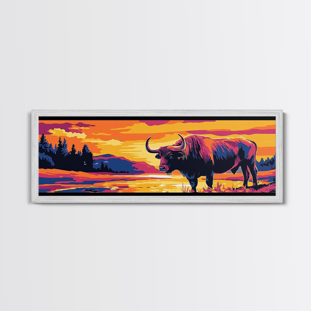 Buffalo painting, colorful animal art, rustic decor, extra wide art, framed canvas print, southwest wall art, landscape painting, wild west art