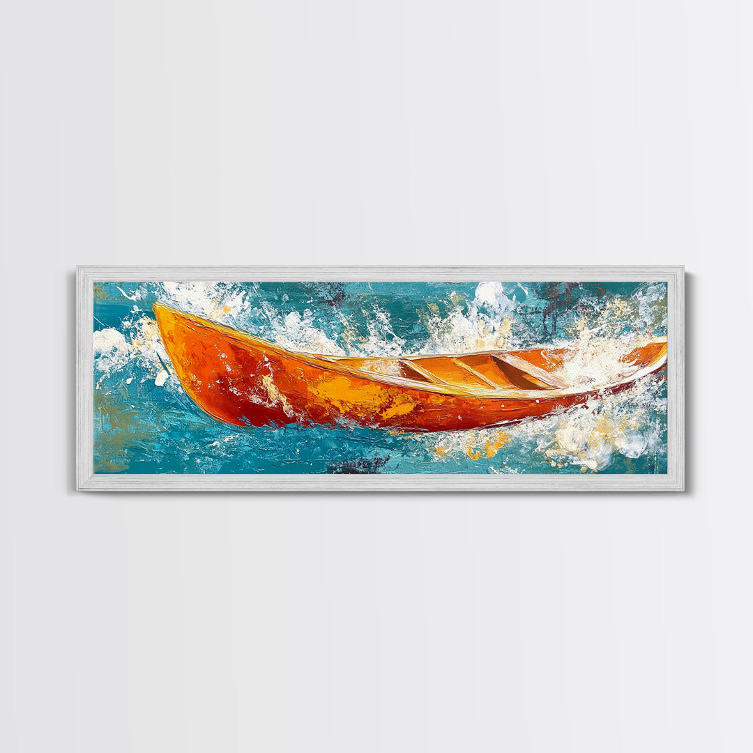 Boat in Waves, coastal wall art, nautical painting, extra wide horizontal art, ocean decor, farmhouse art, framed canvas print