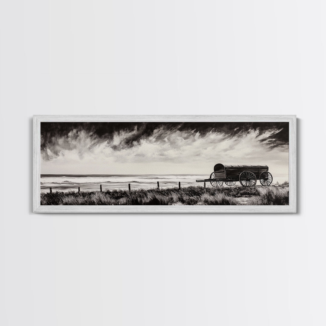 Stormy Wagon, black and white art, moody western painting, rustic decor, farmhouse wall art, extra wide panoramic art, framed canvas print.