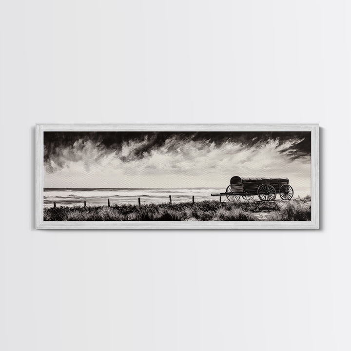 Stormy Wagon, black and white art, moody western painting, rustic decor, farmhouse wall art, extra wide panoramic art, framed canvas print.