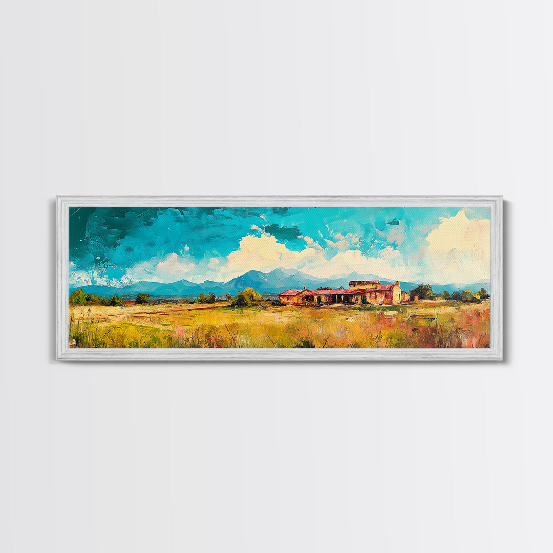 Desert Homestead, western wall art, rustic art, farmhouse painting, southwest landscape painting, extra wide art, framed canvas print