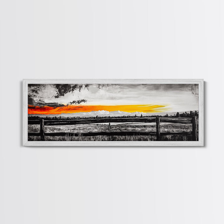 Fence at Sunset, moody landscape art, Joshua tree art, smoky mountain painting, dark romance art, extra wide art, framed canvas print