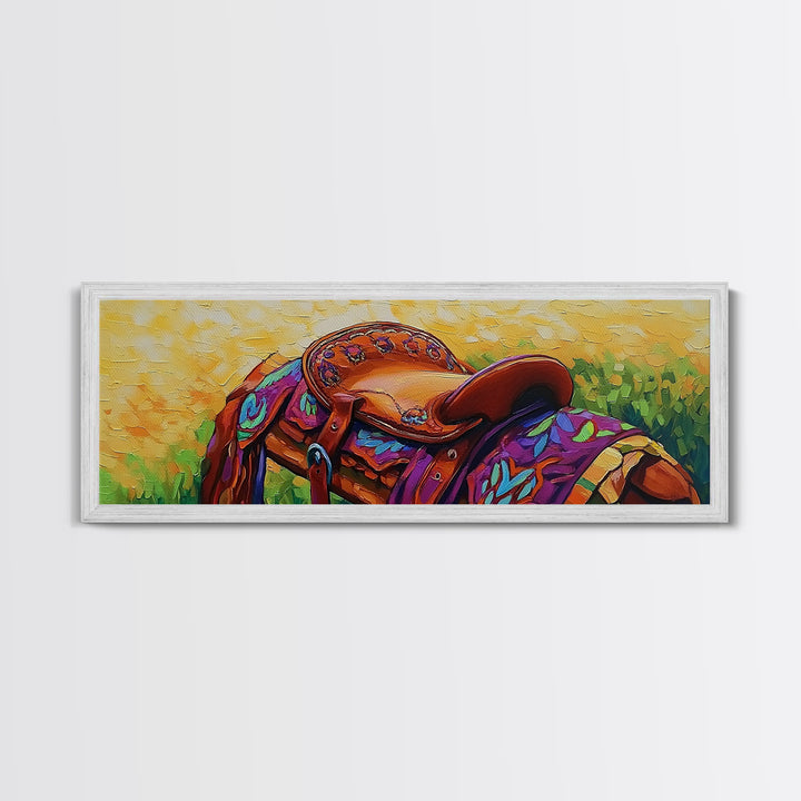 Colorful Saddle Painting, cowboy decor, vibrant rustic wall art, western style art, boho art, southwestern wall art, framed canvas print