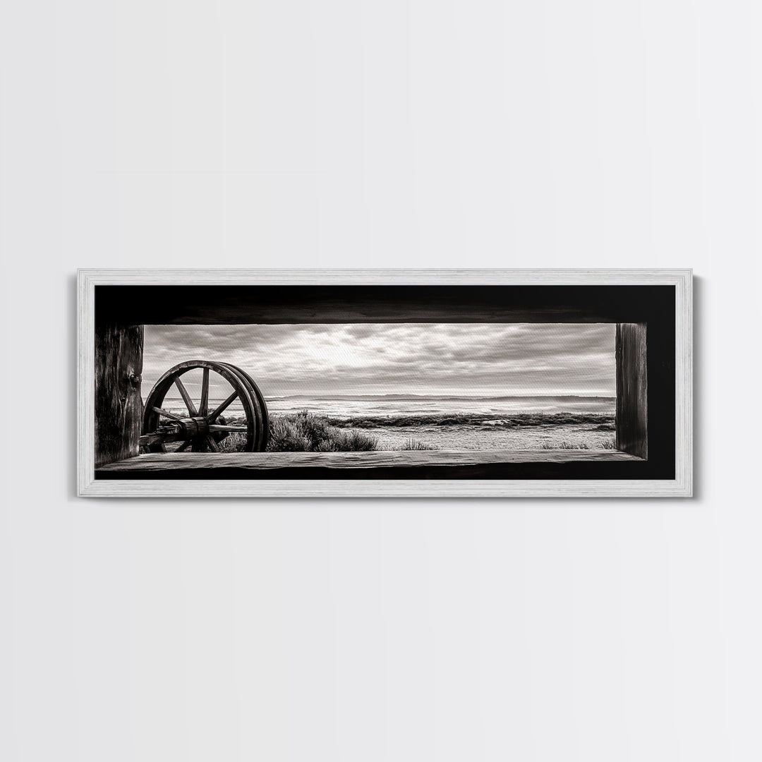 Black White Wagon, rustic decor, panoramic art, moody art, extra wide art, barn landscape oil painting, framed canvas print, living room art