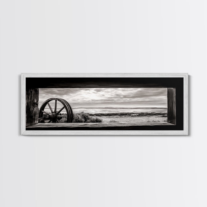 Black White Wagon, rustic decor, panoramic art, moody art, extra wide art, barn landscape oil painting, framed canvas print, living room art
