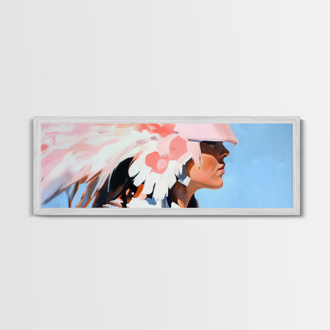 Pink Headdress, modern portrait, southwest wall art, moody art, framed canvas print, light pink wall art, gift idea for her