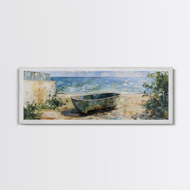 Beach Tub, rustic decor, coastal wall art, wabi sabi art, framed canvas print, farmhouse art, seascape painting, nautical decor
