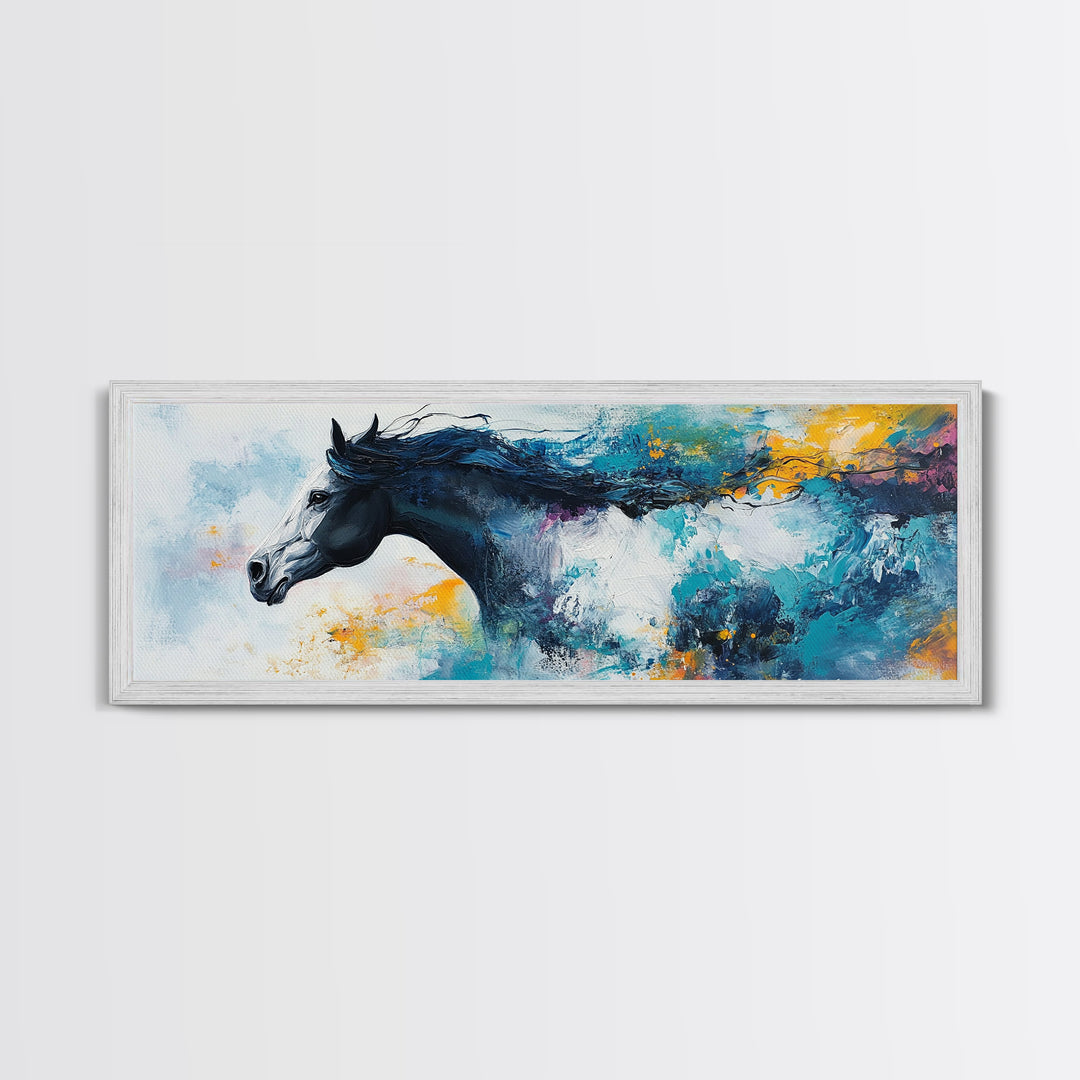 Horse Wall Art, Framed Canvas Print, Extra Wide Art, Blue and Green Wall Art, Moody Art, Rustic Decor, Panoramic Art, Farmhouse Art, Gift Idea for Him