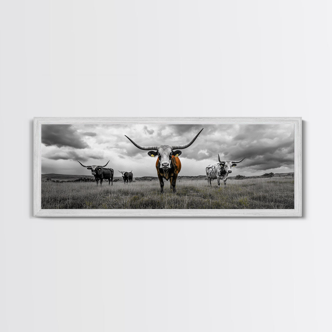 Texas Longhorns, Bull and Bear Art, Rustic Wall Art, Moody Art, Extra Wide Art, Framed Canvas Print, Horizontal Wall Art, Gift Idea