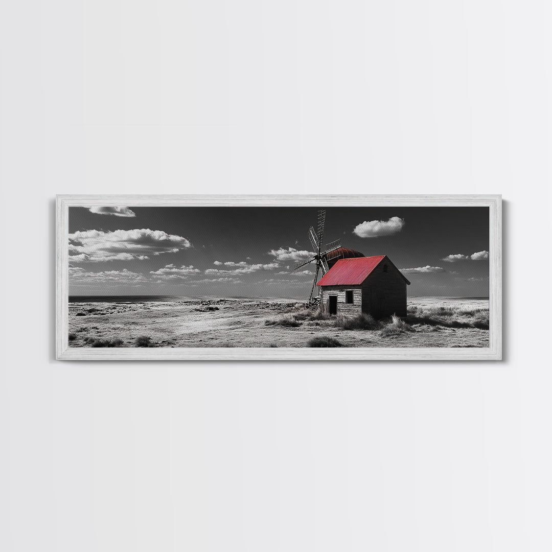 Windmill, Rustic Art, Southwest Wall Art, Farmhouse Art, Extra Wide Art, Wabi Sabi Art, Framed Canvas Print, Minimalist Art