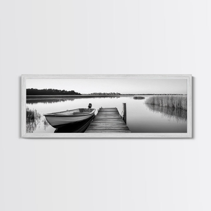 Boat On Dock, Nautical Wall Art, Framed Canvas Print, Coastal Landscape Art, Rustic Decor, Extra Wide Art, Minimalist Art, Bedroom Art