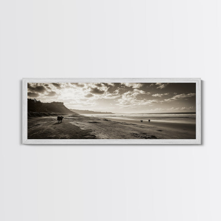 Cattle On Beach, Wabi Sabi Art, Framed Canvas Print, Coastal Landscape Art, Rustic Decor, Extra Wide Art, Moody Art, Minimalist Art