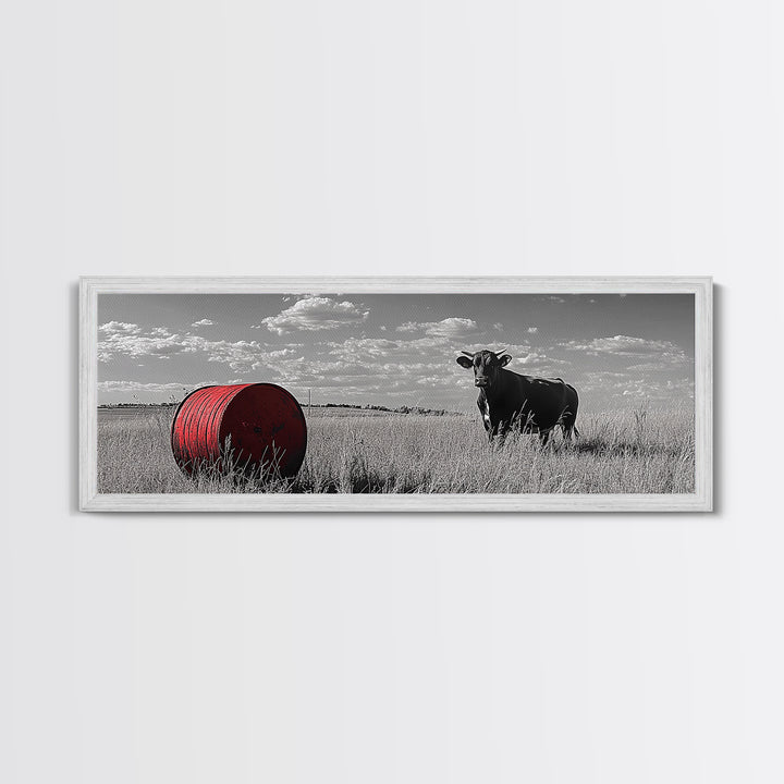 Black Cow, Farmhouse Art, Rustic Decor, Western Wall Art, Long Narrow Wall Art, Moody Art, Extra Wide Art, Framed Canvas Print