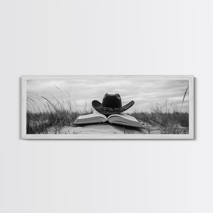 Cowboy Hat, wabi sabi art, rustic decor, farmhouse art, moody art, extra wide art, coastal wall art, framed canvas print, boho art