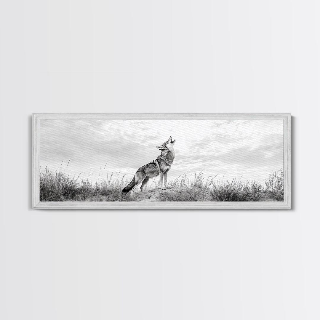 Lone Coyote, southwest wall art, wabi sabi art, extra wide art, moody art, landscape painting, framed canvas print, panoramic art