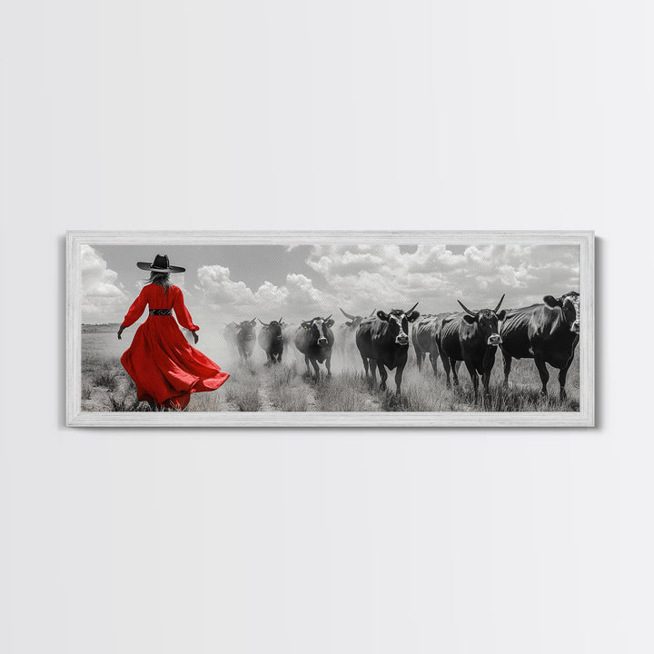 Cowgirl Herding Cattle, Western Art, Ranch Life Art, Black Cowgirl Painting, Rustic Wall Art, Panoramic Art, Canvas Print