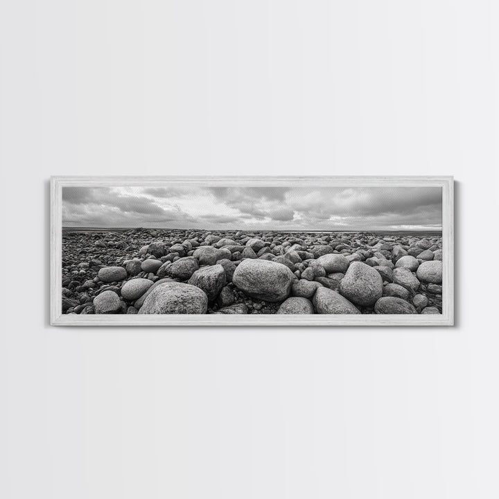 Rocky terrain, minimalist art, wabi sabi art, panoramic art, extra wide art, landscape painting, framed canvas print, moody art, rustic decor