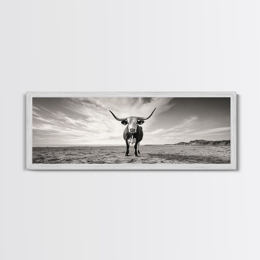 Longhorn, western landscape, bull and bear art, panoramic art, extra wide art, rustic wall art, framed canvas print, farmhouse decor, moody art