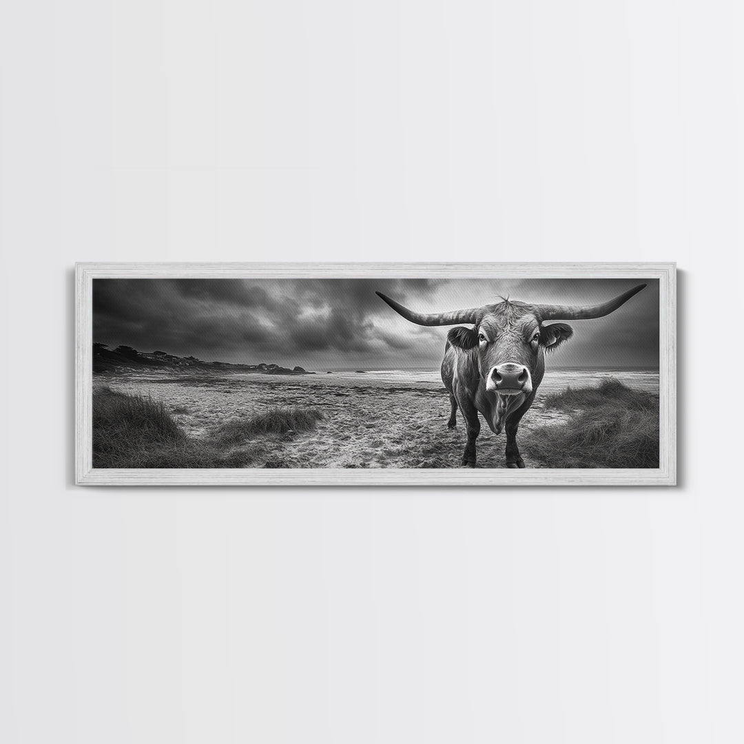 Bull on Beach, bull and bear art, moody art, coastal cowgirl wall art, dark romance painting, farmhouse art, framed canvas print