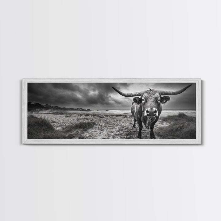 Bull on Beach, bull and bear art, moody art, coastal cowgirl wall art, dark romance painting, farmhouse art, framed canvas print