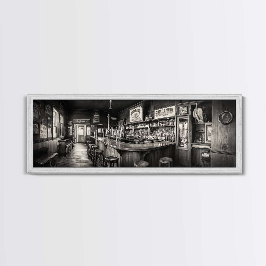 Western Saloon, rustic wall art, extra wide art, panoramic art, farmhouse art, bar decor, moody art, framed canvas print, above sofa art