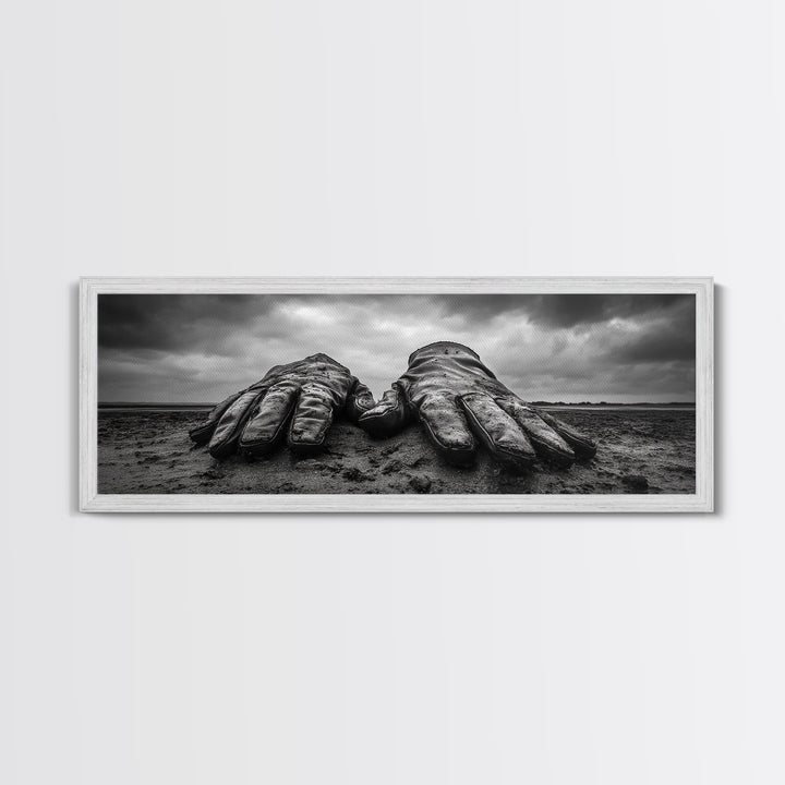 Leather Work Gloves, rustic wall art, moody art, wabi sabi art, extra wide art, panoramic art, farmhouse art, framed canvas print, cowboy art