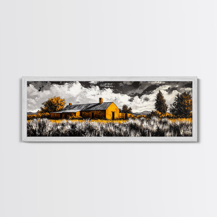 Adobe House, southwest wall art, rustic decor, farmhouse art, warm tones, panoramic art, moody art, extra wide art, framed canvas print
