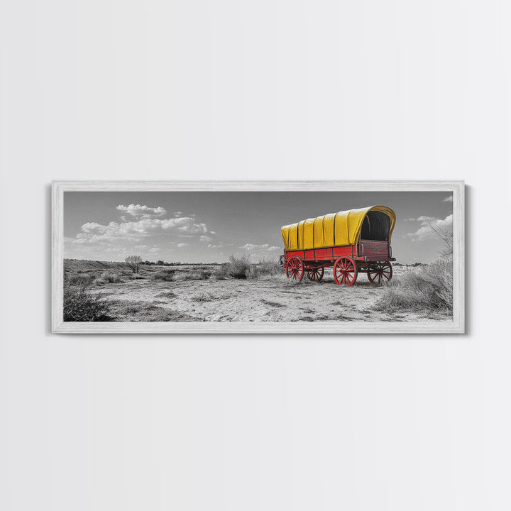 Covered Wagon, Pioneer Art, Old West Decor, Historical Wall Art, Rustic Decor, Landscape Painting, Panoramic Art, Framed Canvas Print