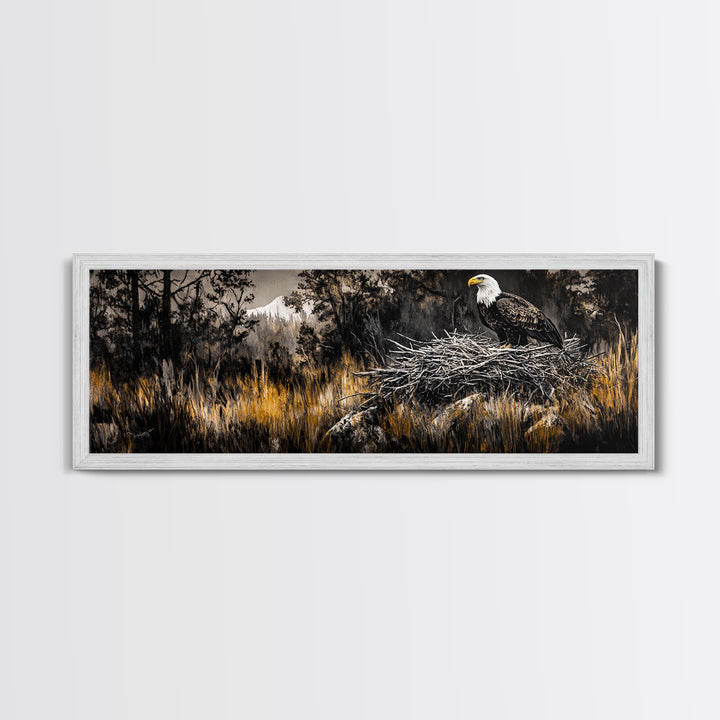 Bald Eagle, wildlife art, eagle painting, southwest wall art, rustic decor, panoramic painting, moody art, framed canvas print, above sofa art