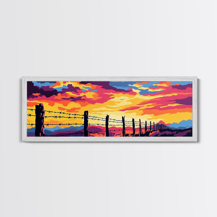 Barbed Wire Fence, southwest wall art, rustic decor, cowboy painting, panoramic art, long narrow wall art, framed canvas print, farmhouse art
