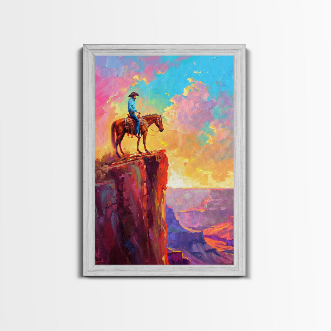 Cowboy on Horse at Sunrise - Colorful Western Landscape Painting, Sunrise Wall Art, Living Room Decor, Cowboy Canvas Print