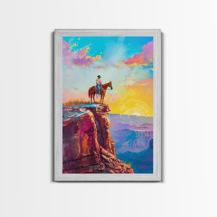 Cowboy on Cliff Edge at Sunrise - Colorful Western Landscape Painting, Framed Canvas Print, Sunrise Wall Art, Living Room Decor