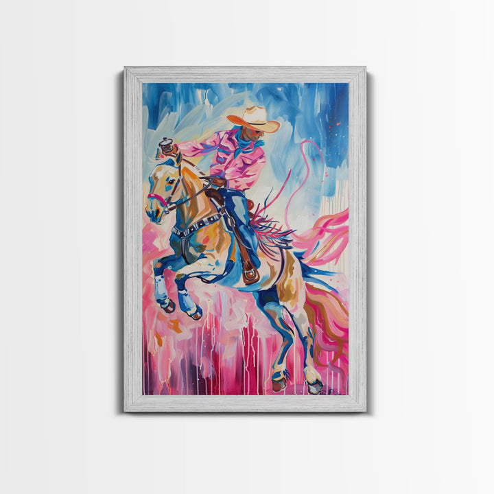 Dynamic Cowboy and Horse Painting - Colorful Western Art, Framed Canvas Print, Living Room Decor, Cowboy Riding Wall Art