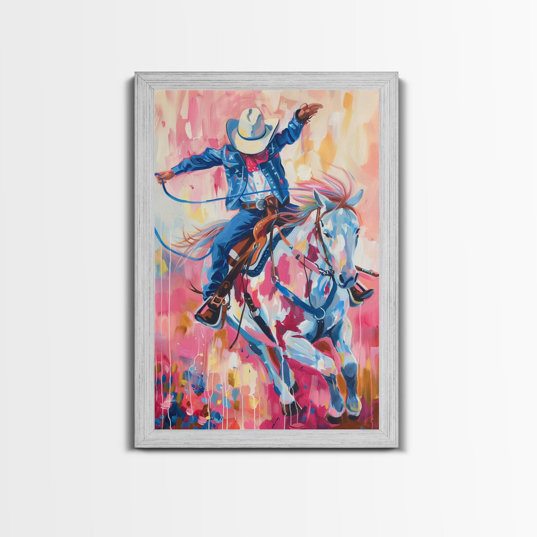 Energetic Cowboy on Horseback - Vibrant Western Art, Framed Canvas Print, Living Room Decor, Cowboy Rodeo Painting, Colorful Wall Art