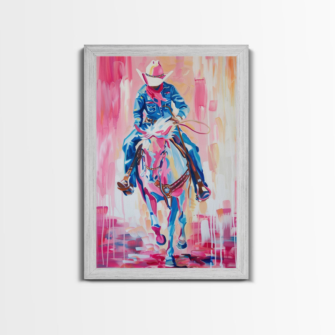 Cowboy Riding in Pink - Colorful Western Art, Framed Canvas Print, Living Room Decor, Cowboy Painting, Vibrant Wall Art