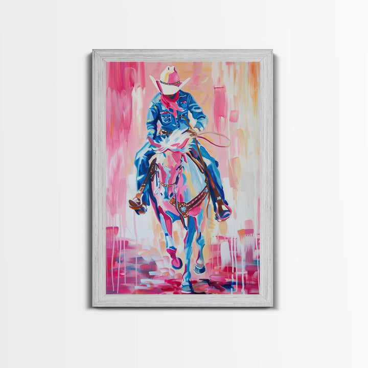 Cowboy Riding in Pink - Colorful Western Art, Framed Canvas Print, Living Room Decor, Cowboy Painting, Vibrant Wall Art