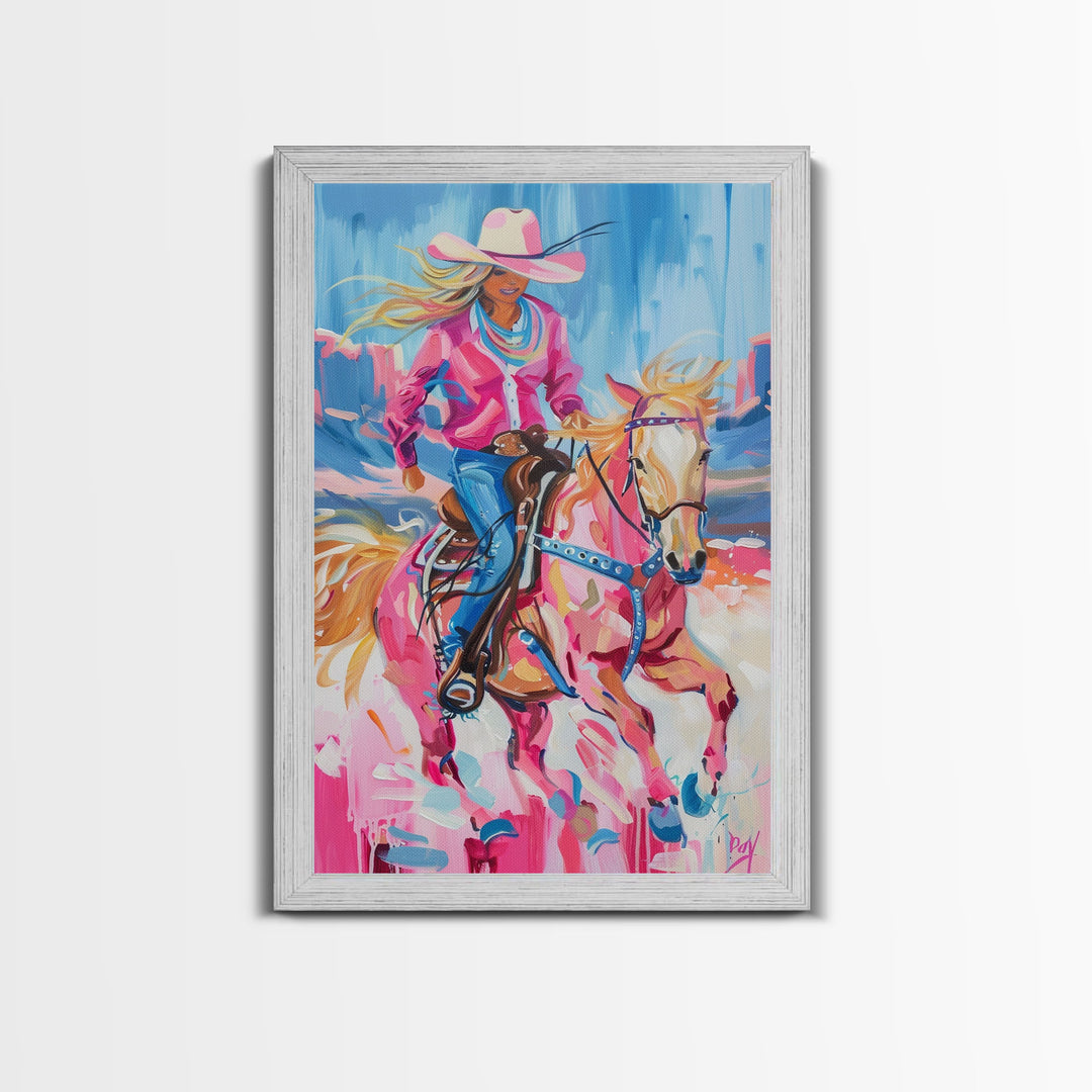 Dynamic Cowgirl and Horse - Colorful Western Art, Framed Canvas Print, Living Room Decor, Cowgirl Painting, Vibrant Wall Art