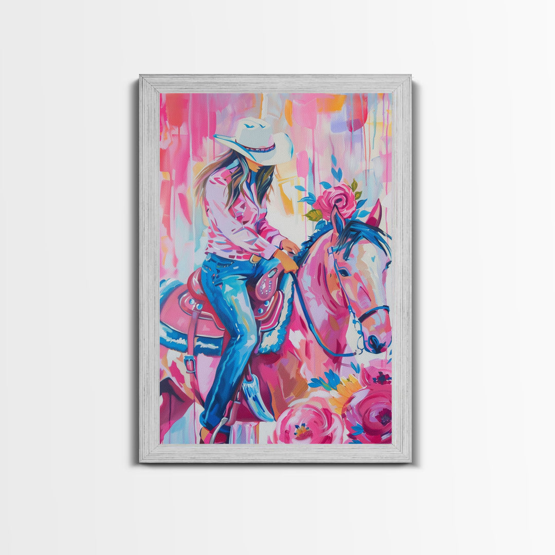 Cowgirl with Floral Horse - Colorful Western Art, Framed Canvas Print, Living Room Decor, Cowgirl Painting, Vibrant Wall Art
