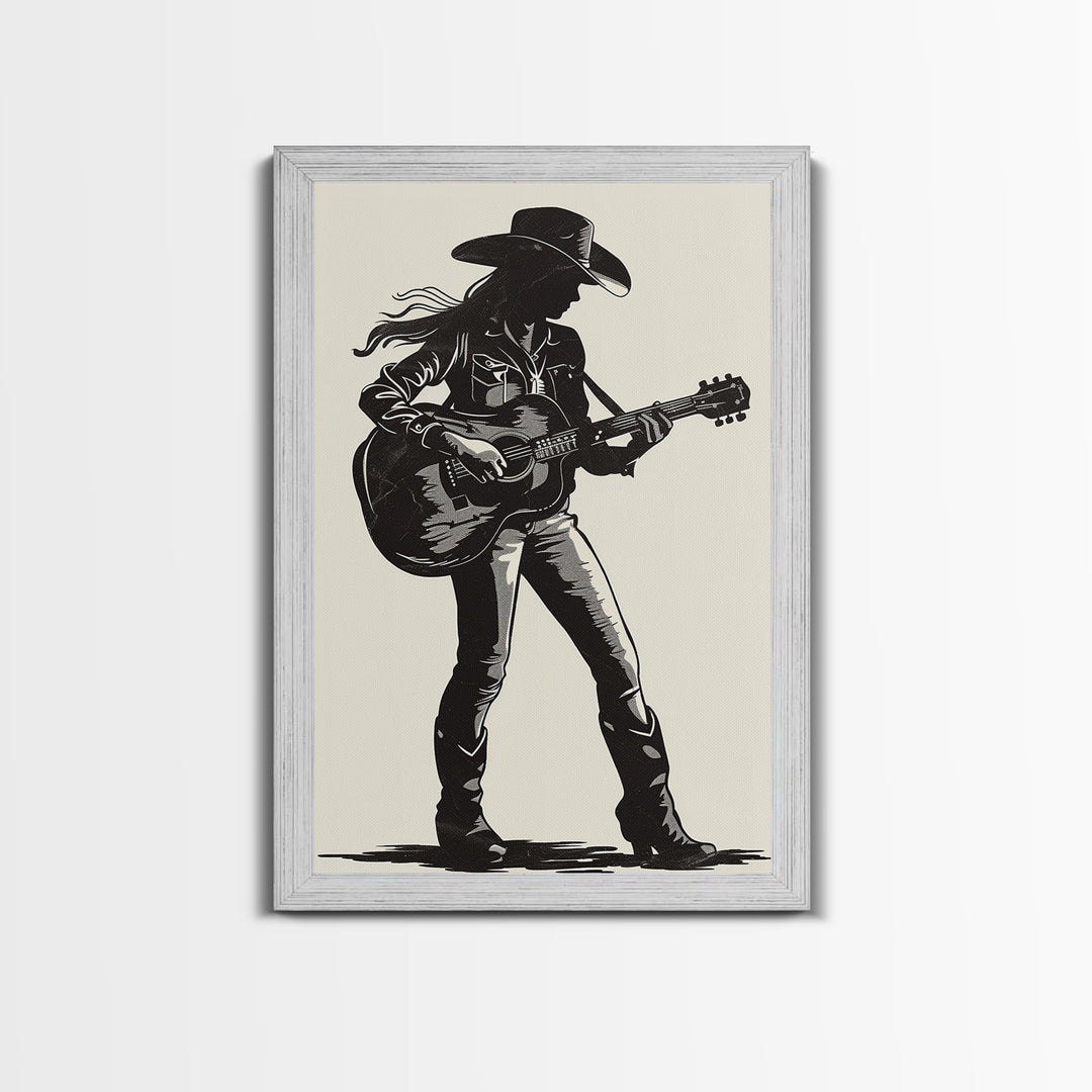 Cowgirl Guitarist Silhouette Art Print, Retro Western Framed Canvas, Vintage Country Music Art, Unique Wall Decor for Home