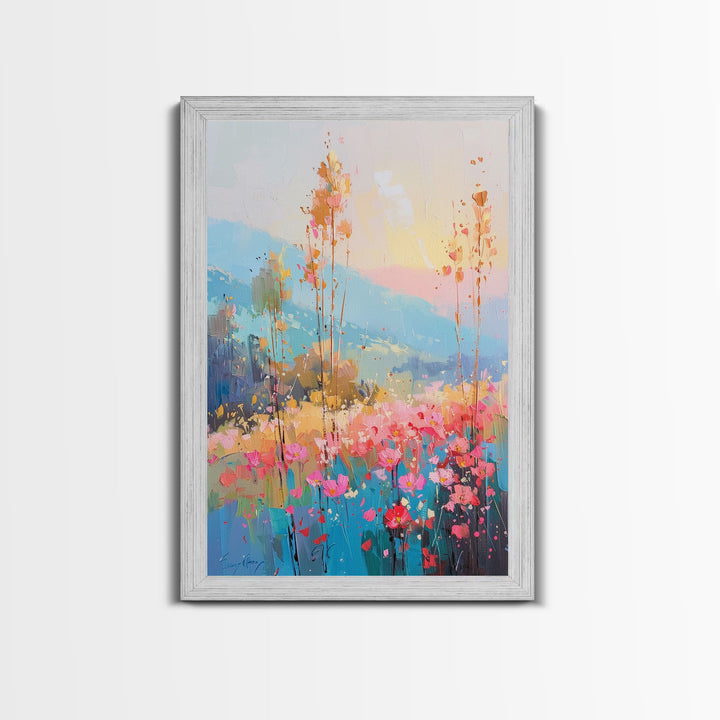 Serene Meadow Landscape at Sunrise - Framed Canvas Print, Tranquil Living Room Art, Peaceful Bedroom Decor, Pastel Flower Art, Wall Art