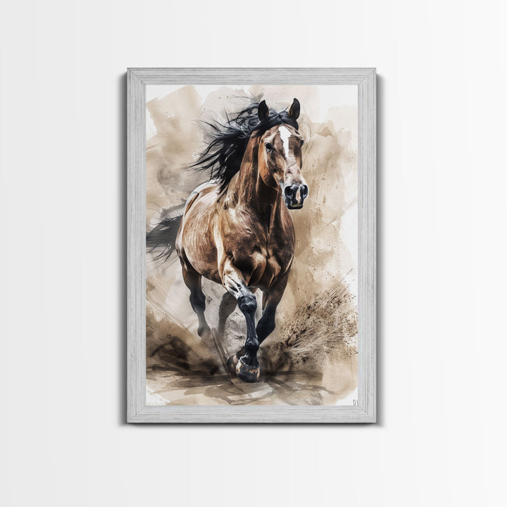 Powerful Horse Galloping - Framed Canvas Print, Dynamic Living Room Art, Energetic Bedroom Decor, Equestrian Art, Wall Art