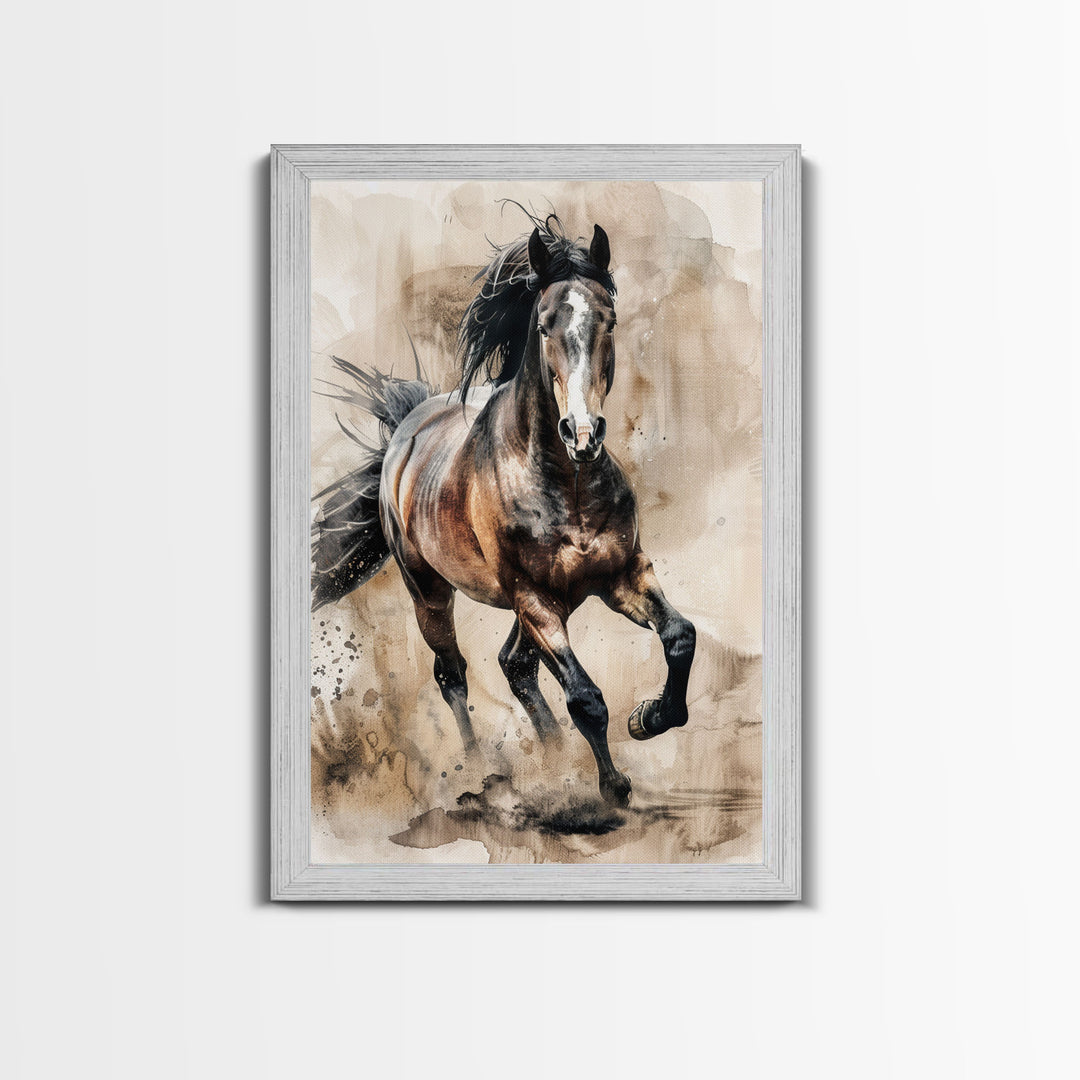 Running Horse in Motion - Framed Canvas Print, Lively Living Room Art, Vibrant Bedroom Decor, Equestrian Art, Wall Art