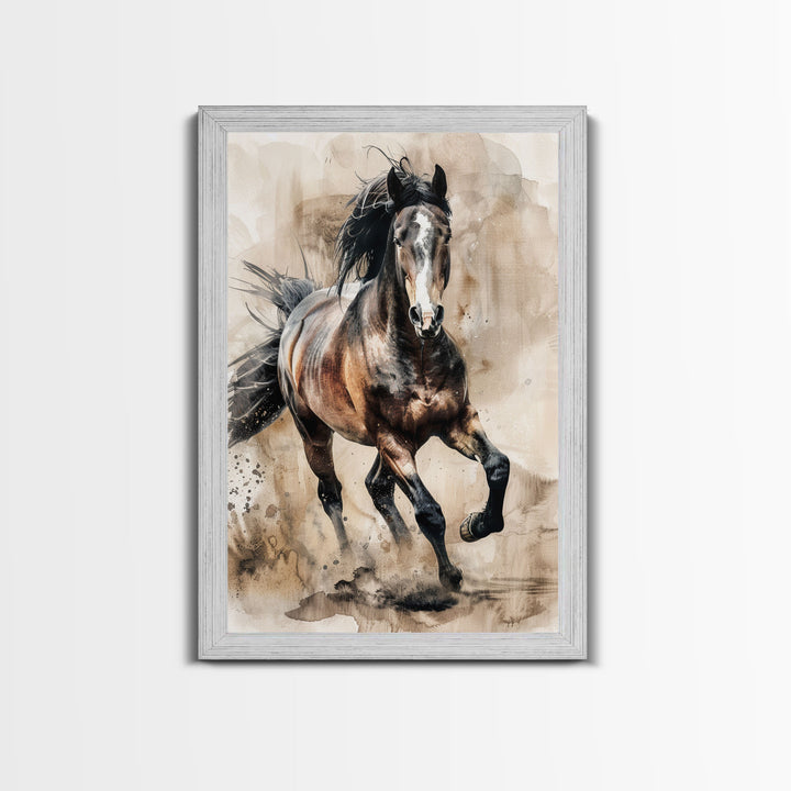 Running Horse in Motion - Framed Canvas Print, Lively Living Room Art, Vibrant Bedroom Decor, Equestrian Art, Wall Art