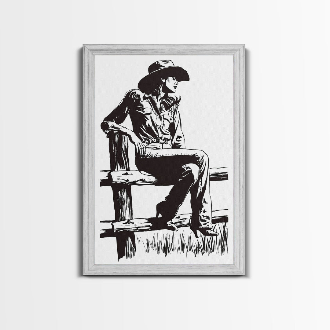 Cowgirl Resting on Fence Art Print, Western Silhouette Framed Canvas, Vintage Cowgirl Artwork, Rustic Home Decor
